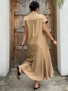 Dazy Plus Plus Size Fashionable Solid Color Versatile Collared Shirt Dress, Suitable For Commuting, Spring/Summer Sundress - Khaki - View 2