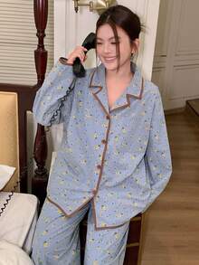 Dazy Plus 两件套加大码女式碎花休闲宽松睡衣套装，翻领上衣和裤子 - 藍色 - 查看 5