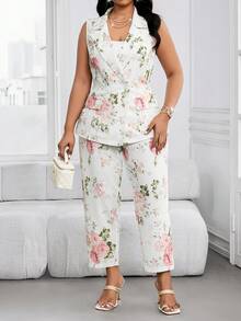 SHEIN Lady Plus Size Women's Elegant Floral Print Lapel Collar Double-Breasted Vest And Pants 2-Piece Suit Set, Suitable For Work Commute, Spring/Summer/Autumn Women 2 Pieces Sets Floral 2 Pieces Set Top And Pants Set For Women Pant Suit Summer Sets Women Suit Sets Ladies Floral Two Pieces Suits Woman Flower Print 2 Pieces Set Women's Business Casual Floral Pantsuits Elegant Two Pieces Sets For Women Sleeveless Blazer And Pants Set - Multicolor - View 5