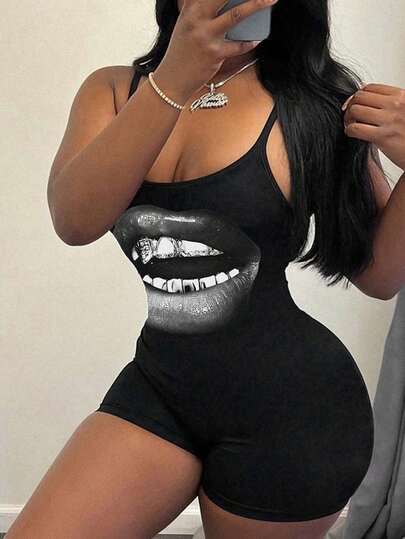 Slaydiva Casual Minimalist Funny Pattern Women's Backless Jumpsuit, Suitable For Summer