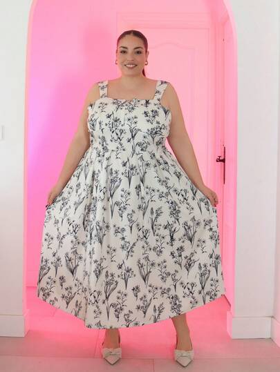 Pretty and Ole Váy dài quai mảnh in hoa cổ điển cỡ lớn, mùa hè