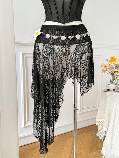 SHEIN EZwear Chân váy ren xuyên thấu dáng bất đối xứng cỡ lớn, thích hợp cho lễ hội âm nhạc, bãi biển hoặc kỳ nghỉ, màu đen.