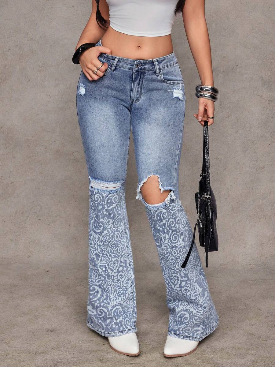 Jeanoix 女士Y2K时尚做旧印花水洗喇叭牛仔裤 - 淺色水洗藍 - 查看 1
