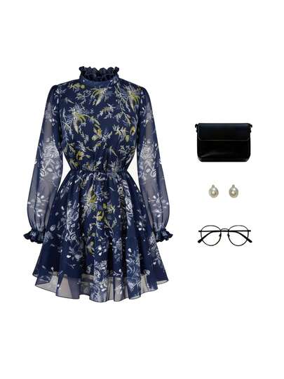 LanaWest CURVE Plus Size Women's Elegant Simplistic Blue Base Gold Printed Chiffon Long Sleeve Dress, Spring/Summer