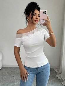 Selianne 1 buc femei primăvară/vară umeri oblici transparent plasă patchwork 3D floral decor ruched talie elegant tricou - alb - Vizualizare 5