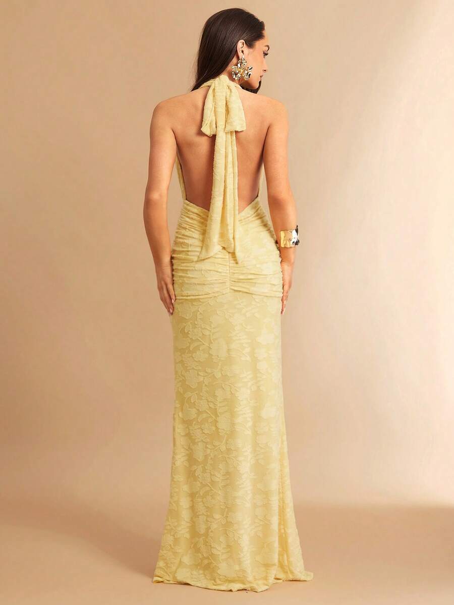 Silquee 2026 Robe moulante à col V profond pour femmes, printemps/été. Robe plissée à la taille avec queue de poisson rouge. Nouvelle arrivée, robe longue rouge à col ras-du-cou et col V profond plissé. Robe élégante et à la mode. - Jaune citron - Voir 1