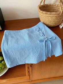 Comfortcana 女士休闲通勤简约纯色系带开衩短裙，夏季棉质浅蓝色半身裙 - 淺藍色 - 查看 7