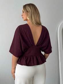 Auralis 大码女式深V领蝙蝠袖纯色修身时尚上衣 - 酒紅色 - 查看 2