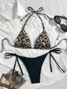 Swim SXY 性感豹纹吊带露背超三角比基尼上衣和侧系带三角比基尼下装两件套 - 黑色 - 查看 7