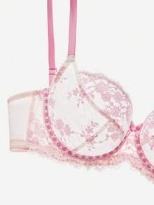 LUVLETTE Plus Full Coverage Breathable Unlined Lace Elegance & Mesh Keyhole Detail Lingerie Curve Pink Sheer Minimizer Bridal Intimates Bra - Pink - View 9