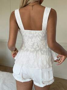 SHEIN EZwear 女士夏季沙滩度假纯色提花甜心领胸前抽绳褶皱打结娃娃衫宽肩带上衣，夏季女式上衣，夏季女装夏季穿搭 - 白色 - 查看 2