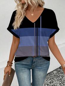 EMERY ROSE 女士宽松V领短袖T恤，休闲拼接印花，适合秋夏季穿着 - 彩色 - 查看 6