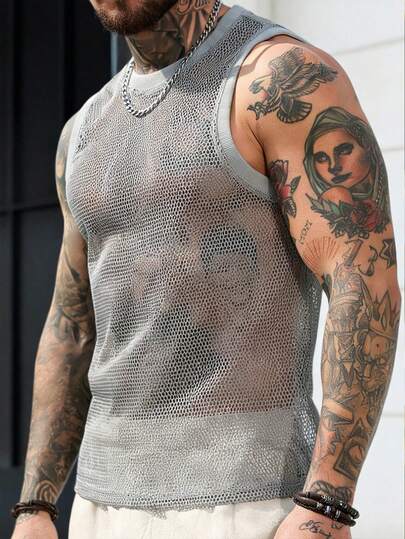 Manfinity CasualCool Men's Gray Mesh Breathable Tank Top, For Spring/Summer Men Mesh Top Men See Through Shirt Fishnet Top Men Men Mesh Tank Top Men Sheer Top Old Money,Daily Leisure, Weekend Trips, Outdoor Activities, Travel Expeditions, Relaxed Work Environments Or Semi-Formal Occasions, Boyfriend/Husband Gift, Anniversary /Birthday Gift Party Summer Vacation Holiday,Wedding,Spring To Summer Men Cruise Outfit Yacht Outfit Men Men Beach Outfit Set