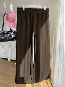 SHEIN EZwear 大码女式休闲日常通勤时尚街头抽绳腰带撞色滚边蝴蝶结装饰宽松阔腿裤 - 棕色 - 查看 2
