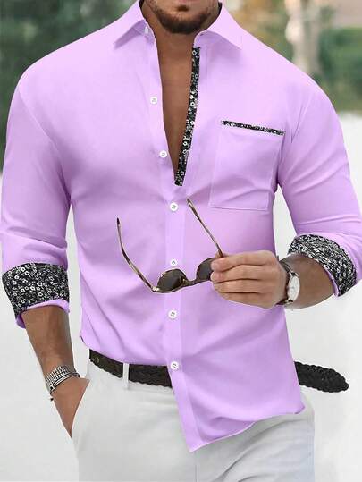 Manfinity Mode Loose Fit Men's Floral Print Button Up Shirt, Purple Men Dress Shirt, Light Purple Shirt , Fall, Long Sleeve Top