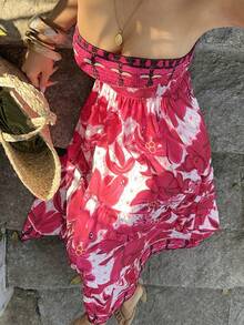 Sunnyshic European And American Fashion Casual Holiday Series Exquisite Elegant Printed Casual Long Waist-Cinched Strapless Slim Summer Dress For Women - Burgundy - View 6