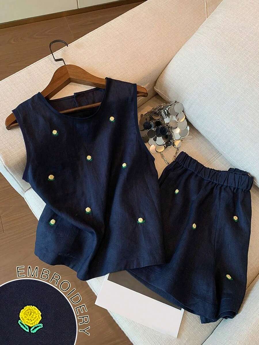 Resyla Bộ đồ 2 món dành cho nữ cỡ lớn: Áo không tay thêu hoa và quần short. - Xanh đậm - Xem 1