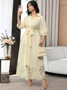 Modelyn Plus Size Elegant Solid Color Hollow Patchwork Front Button Dress, Summer Fall - Pale Yellow - View 5