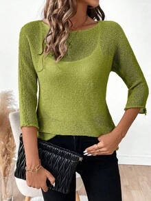 EMERY ROSE Women's Loose Fit Crew Neck 3/4 Sleeve Casual Sweater - Mist Green - View 3
