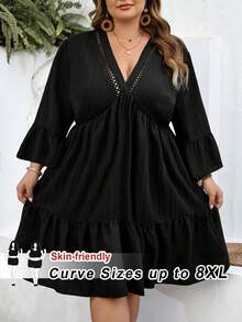 SHEIN CURVE+ Curve 尺码 US22 音乐节、海滨度假、波西米亚风女士休闲宽松舒适短袖杏色连衣裙，轻盈面料，春夏必备连衣裙，新款上市 - 黑色 - 查看 8