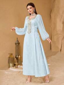 SHEIN Najma Đầm thời trang cổ điển lãng mạn tay phồng họa tiết hoa, thắt eo dành cho nữ - Màu xanh nhạt - Xem 6