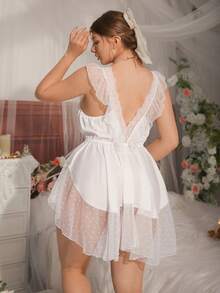 DelicateAllure White Elegant Chic Cute Deep V Ruffle Satin Bow Multilayer Asymmetrical Hem Net Splice Dress, Plus Size Lingerie, Music Festival, Vacation - White - View 2
