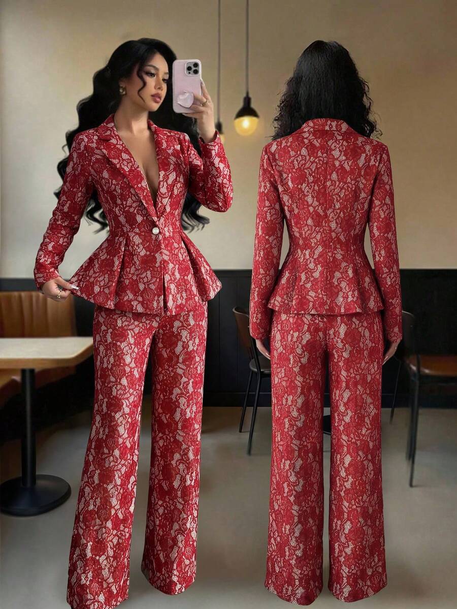 SHEIN Elenzya Bộ vest nữ cổ điển kiểu hoàng gia gồm áo khoác và quần, tay dài, cài khuy ngọc trai, phù hợp cho hẹn hò, Halloween, tựu trường, phong cách Y2K, Grunge, retro xuân/hè, trang phục công sở, đồng phục giáo viên, ngày lễ, bộ đồ ren ngày Valentine. - Màu Đỏ Sâu - Xem 1