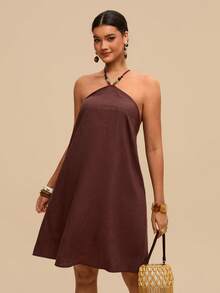 Levarali Vestido de mujer marrón de verano estilo bohemio para vacaciones y días festivos con decoración de cuentas, cuello halter, espalda descubierta, talla grande, casual, estilo occidental chic - Marrón - Ver 5