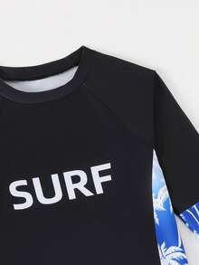 Fantacosmos Tween Boys 2-Piece Swimwear Set, Cool Surfing Style, Black Main Body, Raglan Sleeve Design, White "SURF" Letter Print On Front, Gradient Blue & White Palm Tree Print On Side And Sleeve, Gradient Blue & White Palm Tree All-Over Print Bottoms, Knitted Digital Printing, Fashionable, Casual, Suitable For Swimming, Summer Vacation, Beach, Pool Party - Multicolor - View 4