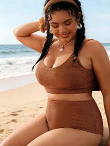 Swim Lushoire Plus Size Solid Color Bikini Set, Suitable For Beach & Vacation - Coffee Brown - View 4