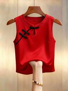 Franclia 新款中国风旗袍无袖上衣，立领，纽扣闭合，撞色滚边，女士衬衫，中国风服装，中国风，女士衬衫，女士春夏背心，女士性感吊带衫，无袖上衣，春夏服装，夏季服装，女士红色上衣，女士红色吊带衫 - 紅色 - 查看 3