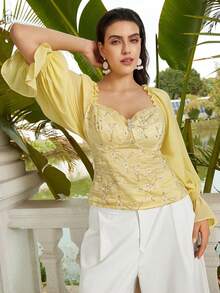 VOLUPTÉ CURVE Plus Size Spring/Summer Light Yellow Lace Mesh Tulle Square Neck Long Sleeve Waist-Cinching Ruffle Embroidery Short Sweet Top For Date, Party - Yellow - View 9