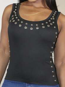 Steph T Women's Black Square Neck Metal Decor Y2K Baddie Punk Rock Fitted Comfortable Layering Camisole, Halloween 2000s Style Streetwear Sleeveless - Black - View 4