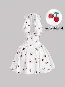 SHEIN MOD 女士樱桃印花露背迷你连衣裙 - 白色 - 查看 5