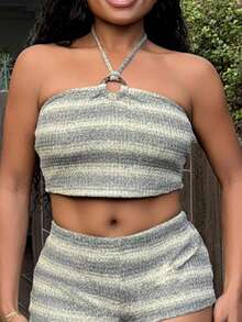 Tyla Gomez 聖誕冬季女裝 2件組 女款掛脖條紋上衣與超短褲 夏季新年派對 春季情人節休閒度假沙灘婚禮生日外出優雅休閒針織兩件套 針織泳裝節慶兩件套沙灘套裝 - 彩色 - 查看 3