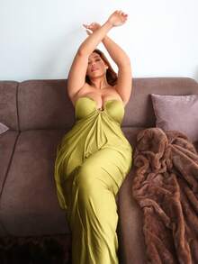 MelDlgn Plus Size Women's Fall And Winter Fashion Commuting Daily Metal Decorated Gathered Ruched Tube Bodycon Maxi Dress,Strapless Sleeveless Cocoon Wrapped Pleated Grass Green Knitted Fabric Sexy,Graduation Dress,Party Dress,Wedding Guest Dress,Prom Dress,Luxury Evening Dress For Women,Shiny Dress,Halloween ,Christmas,New Year, - Green - View 5