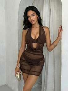 Swim Glamine 垂领宽松针织罩衫连衣裙 - 棕色 - 查看 4