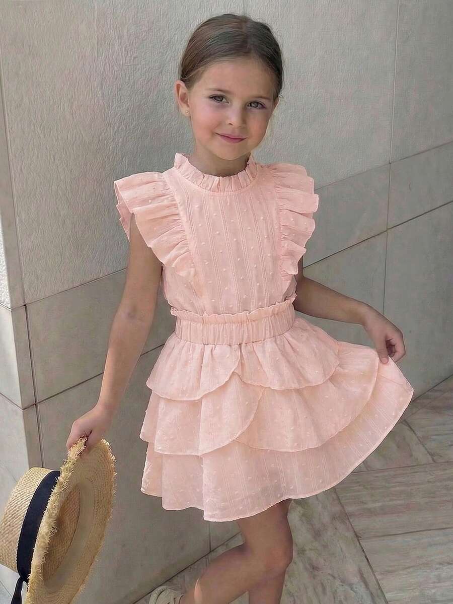 Elladie kids 2件套女童夏季新款碎花领喇叭袖无袖露背瀑布式上衣+荷叶边半裙,白色镂空亚麻面料套装,优雅休闲可爱,适合通勤、聚会、居家穿着。 - 粉色 - 查看 1