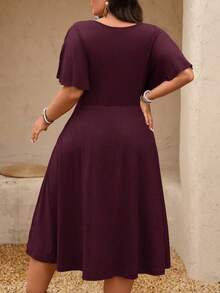 DreamSkyne Plus Size Women's Spring/Summer Chain Link Ruffle Twist Waist Textured Knit V-Neck A-Line Midi Dress - Burgundy - View 2