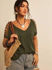 Freevana Plus Size Women Solid Color Hollow Out Raglan Sleeve Casual T-Shirt - Army Green - View 6