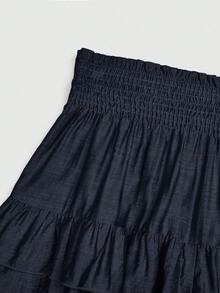 SHEIN LUNE Plus Size Holidaya Paperbag Waist Ruffle Hem Wide Leg Shorts - Blue - View 3
