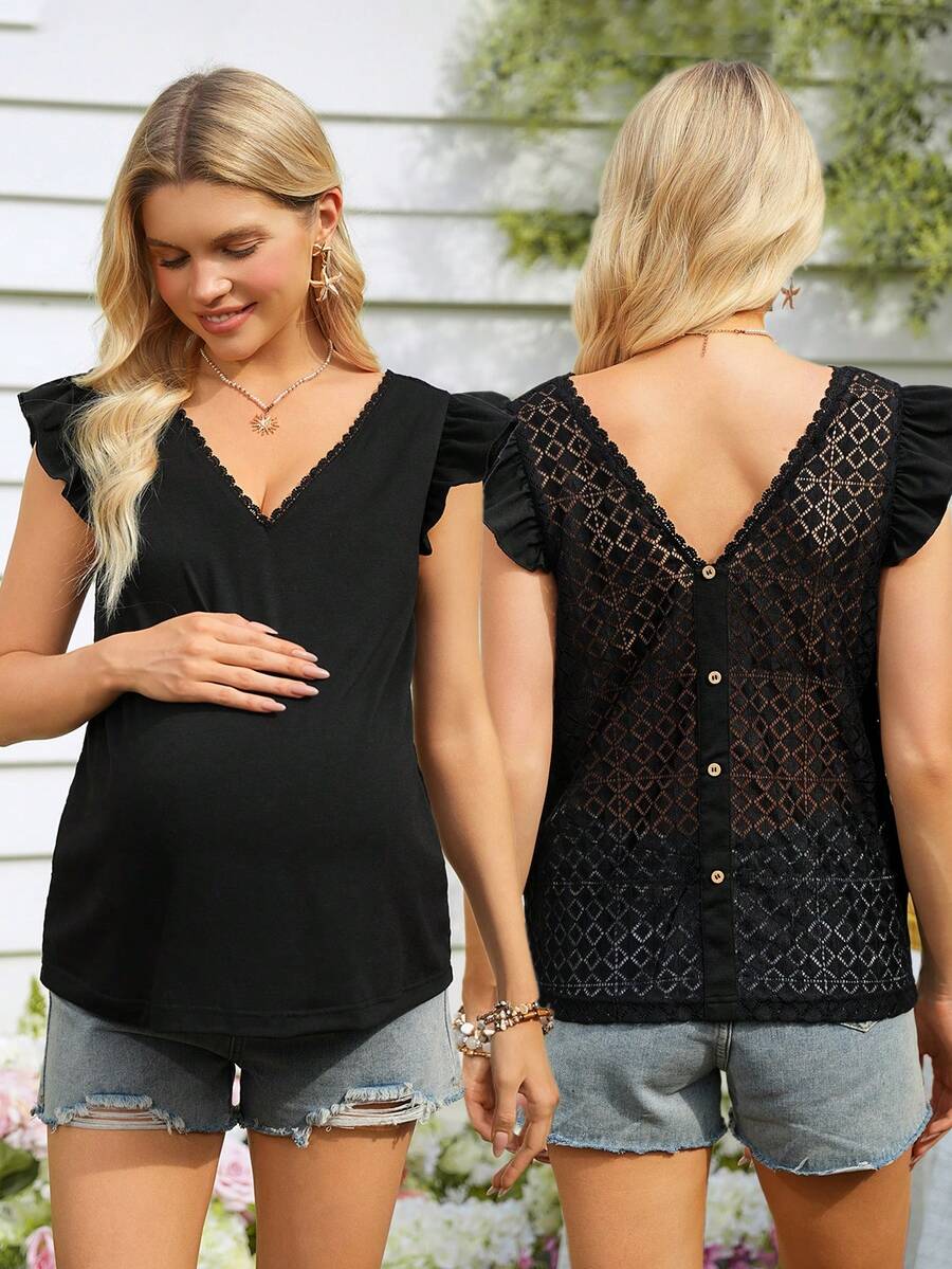 SHEIN 孕妇时尚简约提花针织T恤 - 黑色 - 查看 1