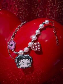 Betty Boop x SHEIN 1 chiếc vòng tay hạt cườm hình hoạt hình người phụ nữ xinh đẹp, môi và trái tim, thiết kế ghép nối IP, đáng yêu, cá tính, đơn giản và trang nhã, phù hợp cho mọi loại tiệc tùng, buổi hòa nhạc, lễ hội, quà tặng tinh tế. - Vàng trắng - Xem 4