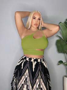 SHEIN SXY 大码性感纯色镂空露脐吊带背心 - 綠色 - 查看 4