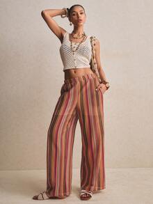 Poéselle 女士弹力腰带条纹口袋阔腿宽松休闲裤 - 紅色 - 查看 7