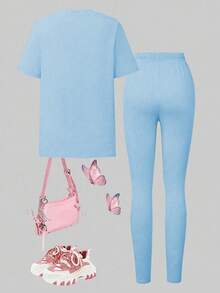 Teens' Casual All-Match Versatile Commute Daily Sports Butterfly Pattern Black Round Neck Short Sleeve T-Shirt + Leggings Set - Blue - View 2