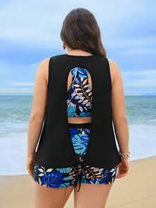 Swim Lushoire Große Größen 3-teiliges Bademode Set für Damen, Blume Muster Tankini Top, einfarbige Shorts und Strandkleid, konservativ-reifer Stil für Strand, Pool, Urlaub - Verschiedenfarbig - Übersicht 7