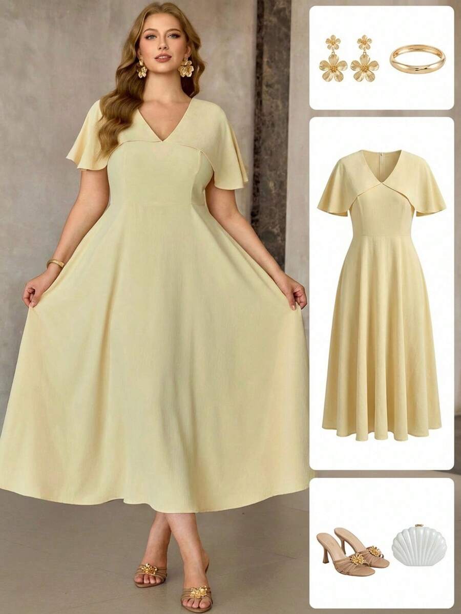 Roveilla Women's Spring/Summer Crinkle French Elegant Chic Office Commute Casual Vacation Romantic Sexy V-Neck Back Tie Elastic Waist Puff Sleeve A-Line Light Yellow Dress Plus Elegant Dress Pastel Dress V Neck Dresses Tea Length Dress Curve Elegant Dress Retro Dresses For Woman Good Quality Dresses Best Selling Dresses Classic Dresses For Ladies New Dresses - Light Yellow - View 1