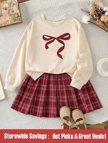 SHEIN 2pcs/Set Fashionable Casual School Style Girls' Apricot Knit Pullover With Bow Print And Red Plaid Pleated Mini Skirt Outfit, Suitable For Outdoor, Travel, Street Style, Daily Casual, Home, Trip, School Season, Daily Matching - Multicolor - View 1
