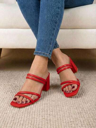 Sandalias elegantes de tacón para mujer con múltiples tiras y tacón cuadrado en color vino, ideales para tus looks casuales en fiestas, Sandalias de tacón estilo mules slip-on con tacón cuadrado y punta abierta, perfectas para salidas nocturnas